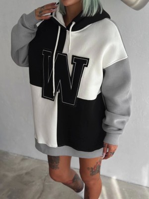 W Nakış Işlemeli Kapüşonlu Sweatshirt - Siyah