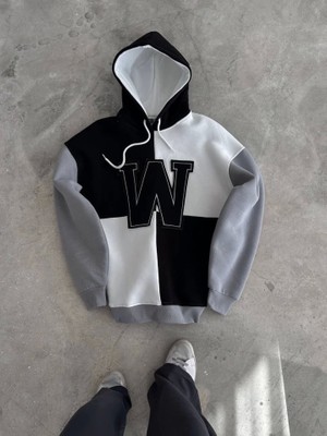 W Nakış Işlemeli Kapüşonlu Sweatshirt - Siyah