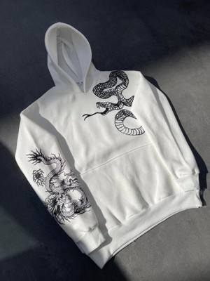 Uzun Kol Kapşonlu Baskılı Sweatshirt - Beyaz