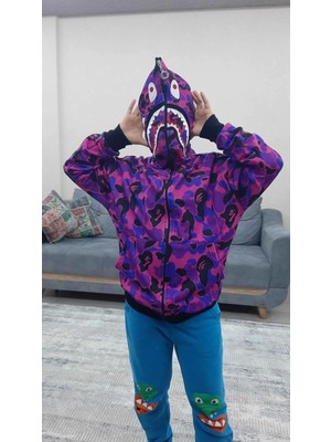 Tarz Yeri Unisex Pubg Bape x Shark Hoodie - Mor