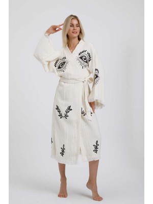 Elif Towels Ekru Renk Taş Baskı Kimono Kaftan