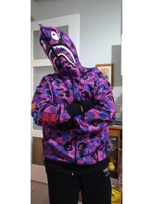 Tarz Yeri Unisex Pubg Bape x Shark Hoodie - Mor