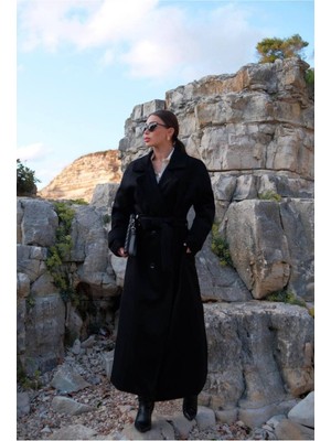 Msm Fashion Kadın Uzun Kaşe Kaban Kuşaklı Düğmeli Cepli Premium Kaşe Malzemeden Üretildi