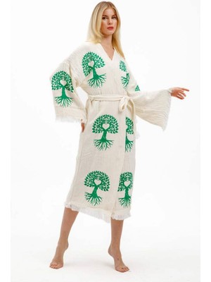 Elif Towels Ekru Renk Taş Baskı Kimono Kaftan