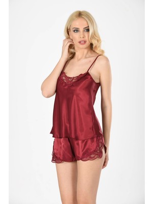 Bordo Saten Babydoll Şortlu Takım - 281