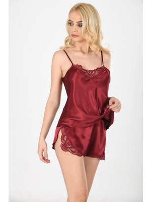 Bordo Saten Babydoll Şortlu Takım - 281