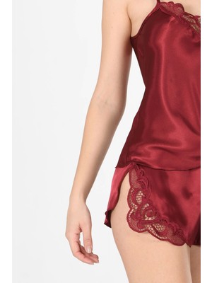 Bordo Saten Babydoll Şortlu Takım - 281