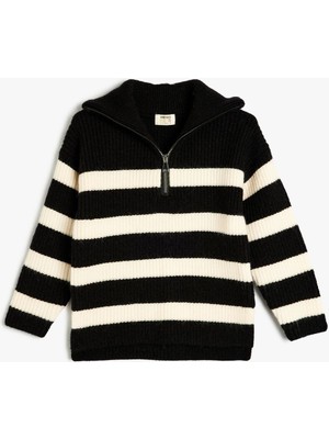 Koton Kız Çocuk Siyah Triko Kazak Uzun Kollu Yarım Fermuarlı Kapüşonlu Günlük Stil 5WKG90009AT