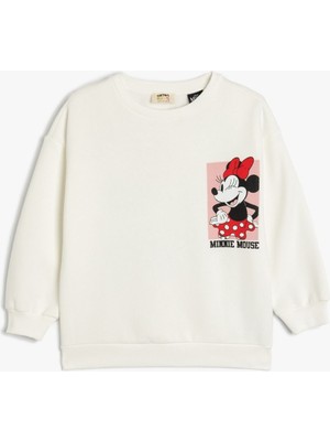 Koton Lisanslı Kız Çocuk Minnie Mouse Sweatshirt Ekru Truvakar Kol Bisiklet Yaka