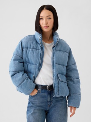 Kadın Açık Mavi Oversize Denim Puffer Şişme Ceket