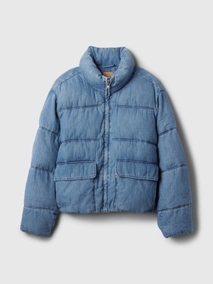 Kadın Açık Mavi Oversize Denim Puffer Şişme Ceket