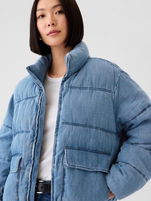 Kadın Açık Mavi Oversize Denim Puffer Şişme Ceket