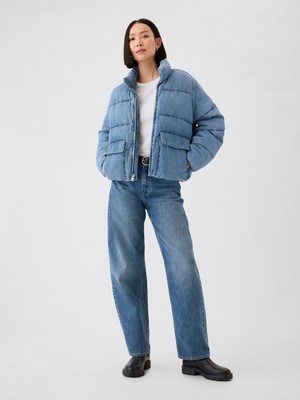 Kadın Açık Mavi Oversize Denim Puffer Şişme Ceket