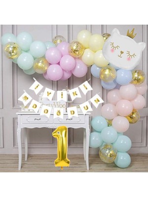 Cugy Beyaz Kedicik Figürlü Doğum Günü Süsleme Seti Pembe Mavi Renkli 1 Yaş Rakamlı Balon Zinciri