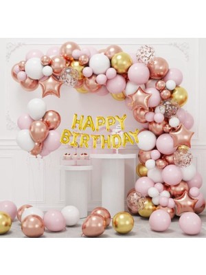 Cugy Happy Birtday Yazılı Rose Gold Pembe Şeffaf ve Beyaz Balon Zinciri Seti Doğum Günü Süsü