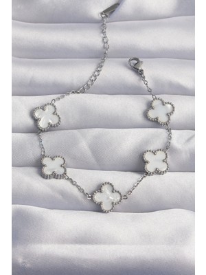 Clariss 316L Çelik Gümüş Renk Beyaz Sedefli Yonca Bileklik