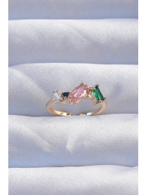 Clariss Pirinç Gold Renk Renkli Zirkon Taşlı Ayarlanabilir Yüzük