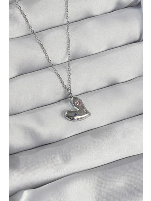 Clariss 316L Çelik Zincir Gümüş Renk Renkli Zirkon Taşlı Kalp Kolye