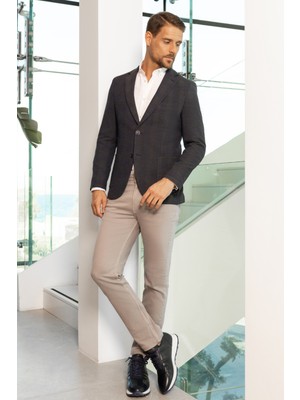  Erkek Lacivert Dokuma Slim Fit Mono Yaka Ceket