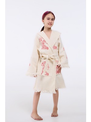 Naturel Ekru Niloya Desenli Kapişonlu Çocuk Kimono