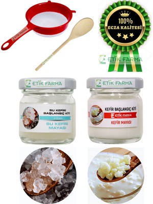 Etik-Farma Özel Üretim ORGANİK Su Kefir Mayası + Süt Kafkas Kefir Mayası Başlangıç Kiti+Süzgeç+Tahta Kaşık