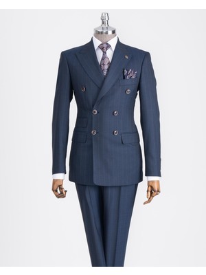 İtalyan Stil Slim Fit Çizgili Kruvaze Ceket Pantolon Takım Elbise Lacivert T13193