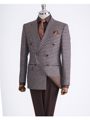 Italyan Stil Slim Fit Erkek Kombin Ceket Pantolon Takım Elbise Kahverengi T13082