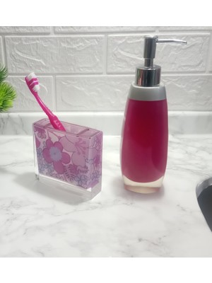 Sia Sıvı Sabunluk,Diş Fırçalık 2 Li Banyo Seti,Gri Pembe Ve Çiçekli