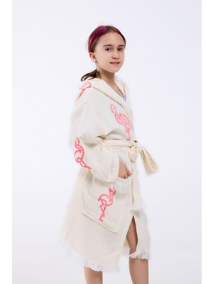 Elif Towels Naturel Ekru Flamingo Desenli Kapişonlu Çocuk Kimono