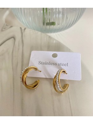 Stainles Steel 316L Kararmaz Çelik Gold Renk Kadın Taşlı Halka Küpe