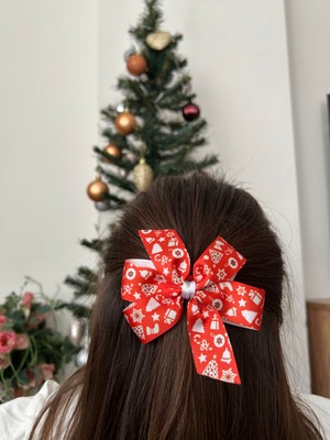 Kırmızı Yılbaşı Desenli Kurdele Saç Tokası
