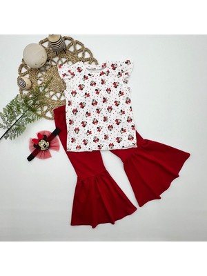 1-2-3-4 Yaş Mickey Baskılı Bandanalı Tişört Ispanyol Paçalı Likralı 3lü Kız Çocuk Takımı