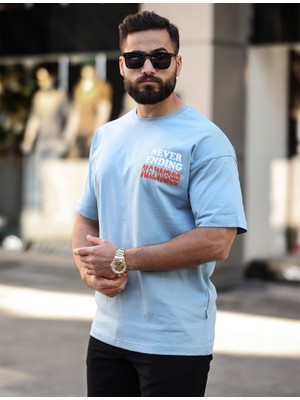 Premium Oversize Outside Sırt Baskılı T-Shirt Açık Mavi