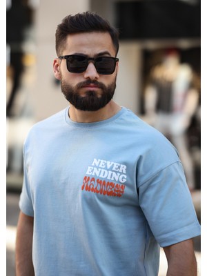 Premium Oversize Outside Sırt Baskılı T-Shirt Açık Mavi