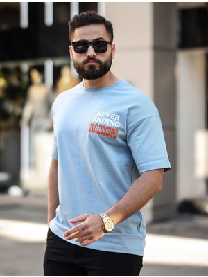 Premium Oversize Outside Sırt Baskılı T-Shirt Açık Mavi