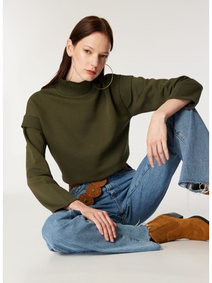 Mustang Dik Yaka Düz Haki Kadın Sweatshırt M4WL-SWT-1912