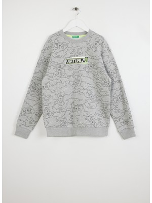 Benetton Desenli Erkek Gri Melanj Sweatshırt 3GHMC10M5 79D