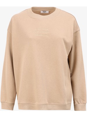 People By Fabrika Bisiklet Yaka Baskılı Bej Kadın Sweatshırt PBF4WL-SWT5631