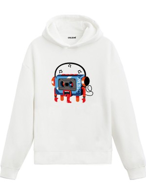Colermi Unisex Pamuk Retro Müzik Karikatür Kapşonlu Sweatshirt Hoodie Eğlenceli Kaset Çalar Deseni