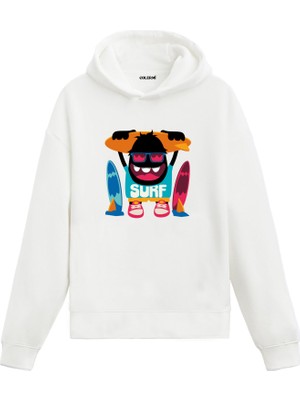 Colermi Unisex Pamuk Surf Karikatür Kapşonlu Sweatshirt Hoodie Eğlenceli Sörf Canavarı Deseni