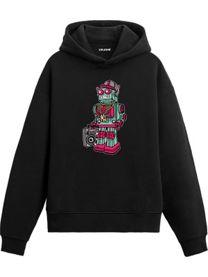 Colermi Unisex Pamuk Retro Dj Robot Karikatür Kapşonlu Sweatshirt Hoodie Eğlenceli Müzik Deseni