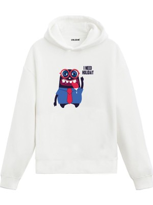 Colermi Unisex Pamuk 'ı Need Holiday' Karikatür Kapşonlu Sweatshirt Hoodie Mizahi Tatil Isyanı Deseni