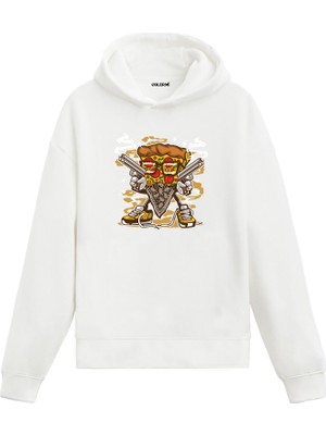 Colermi Unisex Pamuk Cesur Pizza Dilimi Karikatür Kapşonlu Sweatshirt Hoodie Eğlenceli Yiyecek Deseni