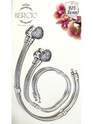 BerCio Store 925 Ayar Gümüş Charm Uyumlu Taşlı Kalp Klipsli Bileklik