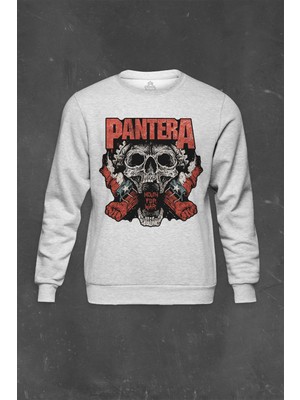 So Cool Gri Sweatshirt Pantera Skull Kuru Kafa Groove Heavy Metal Logo Baskılı Unisex Sweat
