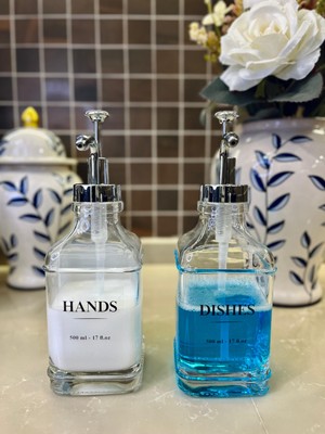 Lev Home 2’li Cam El Sabunu ve Bulaşık Etiketli Gümüş Tıpalı Sıvı Sabun Şişesi  500 ml