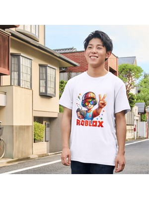 Roblox Çocuk Yetişkin Beyaz T-Shirt Roblox Baskılı Beyaz Tişört