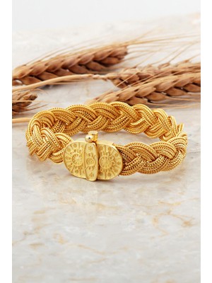 Sümer Telkari Midyat Hasırı Altın Kaplama Mezopotamya Güneşi Örgü Gümüş Bileklik 4705