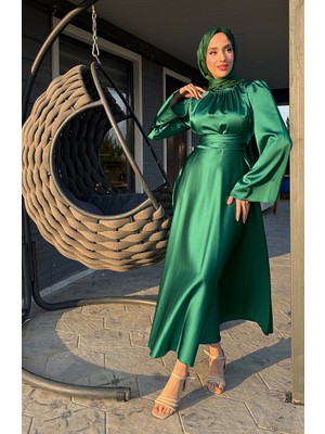 Önü Büzgülü Zara Saten Abiye Elbise 5514-02 Zümrüt Yeşili