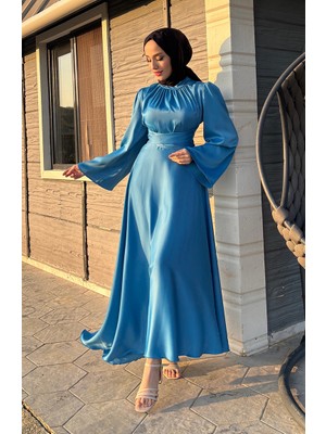 Önü Büzgülü Zara Saten Abiye Elbise 5514-05 Indigo